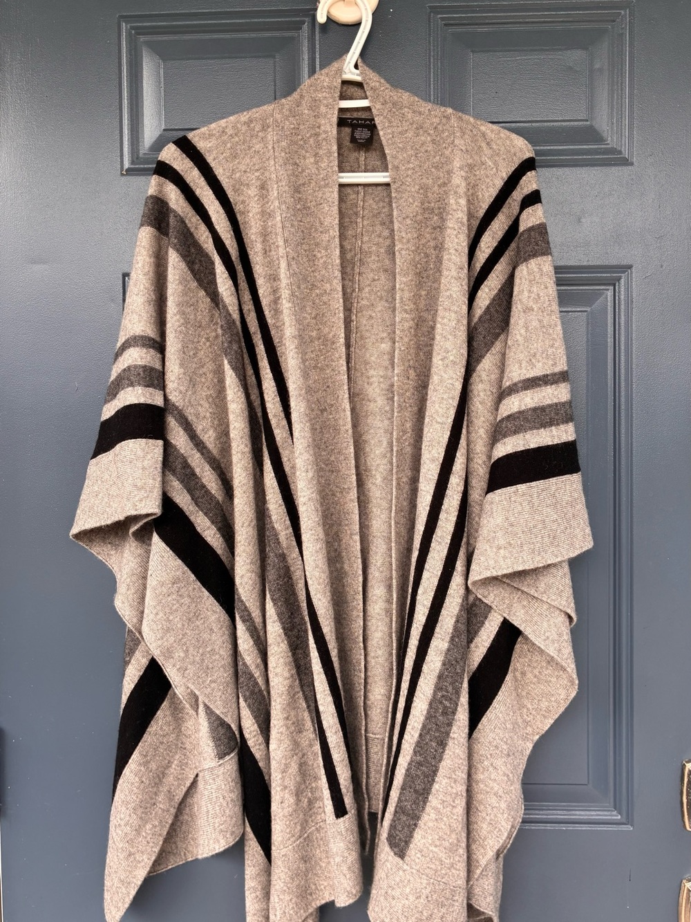 Tahari Grey and Black Striped Open-Front Poncho Wrap Merino wool Cashmere